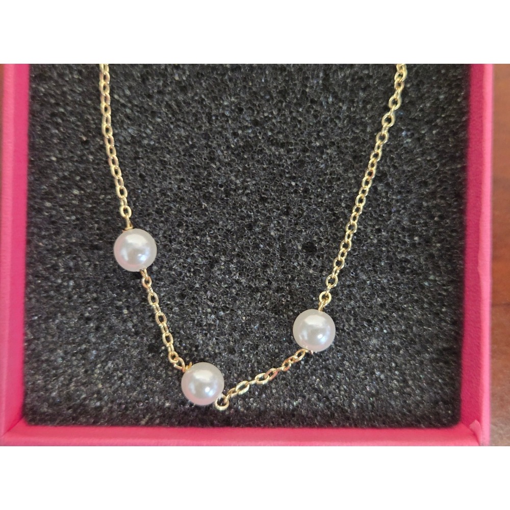 Pancert Gold Tone Faux Pearl Double Strand Chain Bracelet with Rhinestone Charm